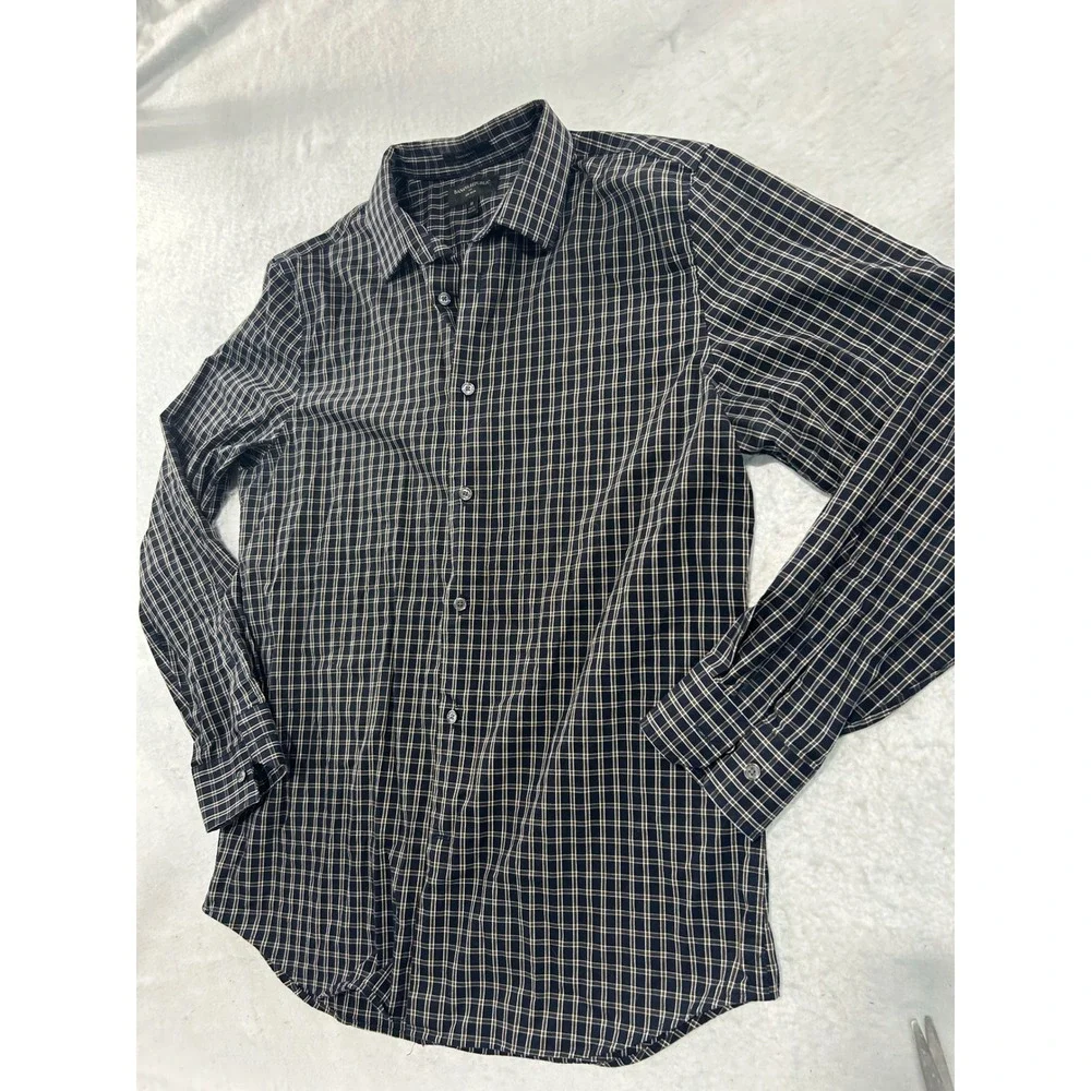 Banana Republic Mens Standard Fit Non-Iron Plaid Button Down Shirt Navy Brown M